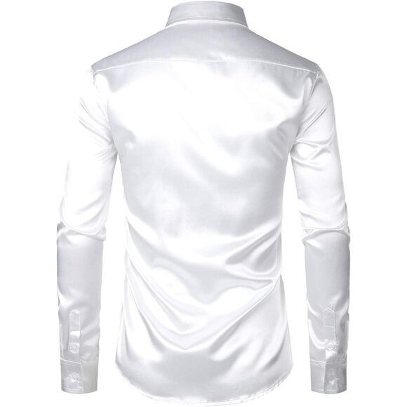 Men's Luxury Shiny Silk Like Satin Button Up Dress Shirts - Picture 2 of 4